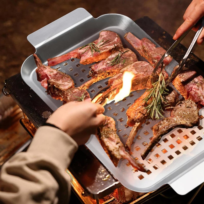 CookTime Grill Pan Set of 2, BBQ Grill Topper for Outdoor Grill, Stainless Steel Grilling Baskets with Holes and Handles, Perforated Food Tray Barbecue Accessories for Vegetable, Fish, Large - Image 3